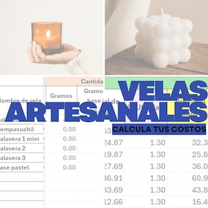 May include: The image features two candles: a lit, amber-colored candle in a glass holder and a white, bubble-shaped candle. The words "VELAS ARTESANALES" are displayed in blue, along with a spreadsheet.