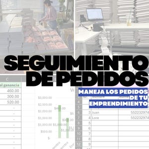 Peut inclure: Image avec le texte "SEGUIMIENTO DE PEDIDOS" en grandes lettres noires. L'image montre une personne travaillant dans un entrepôt, avec des boîtes et un ordinateur. Des feuilles de calcul avec des données financières sont également visibles.