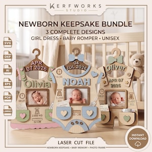 May include: A digital laser cut file set for a newborn keepsake bundle featuring three wooden hanger-shaped designs: a dress, a romper, and a unisex outfit. Each includes slots for photos, names, dates, times, and birth measurements in kg and cm.