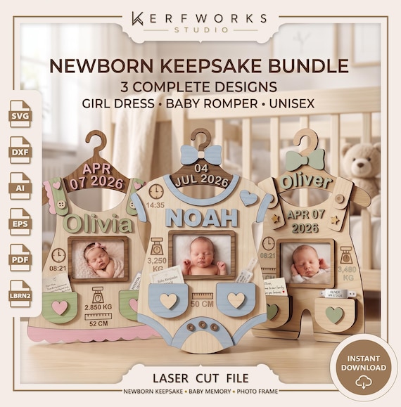 Newborn Keepsake Bundle SVG DXF | Wooden Birth Stats Photo Frames | Romper, Dress & Unisex