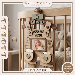 May include: A wooden baby keepsake hanger shaped like overalls, featuring the name Oliver, the date APR 07 2026, a central photo frame, and icons for time, length, and weight. It includes two small pockets with heart accents and a hospital ID bracelet.