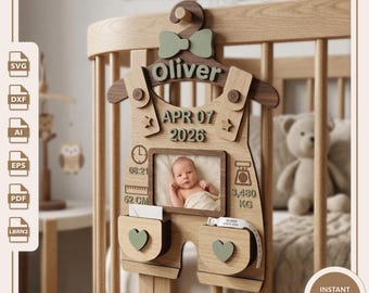Geburtsdaten-Schild aus Holz | Personalisierte Erinnerung an Baby-Meilensteine | Bilderrahmen für Neugeborenenfotos | Geburtsanzeige | Lasergeschnitten (SVG/DXF)