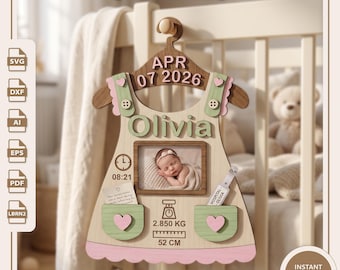 Geburtsdaten-Schild aus Holz | Erinnerungsstück in Form eines Babykleides | Bilderrahmen für Neugeborenenfotos | Geburtsanzeige | Lasergeschnitten (SVG/DXF)
