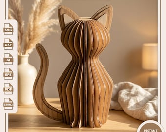 Parametrische Katzenskulptur SVG | Laser-Schnitt aus Holz Feline | Skandinavisches Regal Dekor
