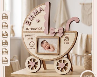 Babywagen-Geburtsdaten-Fotorahmen (SVG) | Personalisierte Erinnerung an Neugeborene (Laserschnittdatei, digitaler Download)