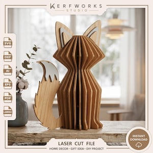 May include: A wooden fox sculpture, laser cut from light-colored wood, with a layered design. The fox has a detailed tail and ears with white accents. The image includes the text "LASER CUT FILE" and "HOME DECOR • GIFT IDEA • DIY PROJECT".