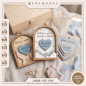 May include: Three wooden memorial ornaments featuring laser-cut designs. Two arched ornaments and one heart-shaped ornament display the name Oliver, the date 14 JUN 2026, and phrases like Held for a moment, Loved for a lifetime, and Always in our hearts.