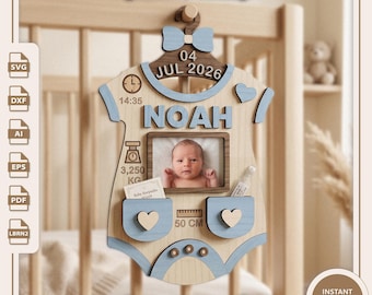 Geburtsdaten-Holzrahmen SVG DXF | Baby-Strampler SVG | Glowforge Laserschnittdatei | Geburtsdaten-Holzfotorahmen | Erinnerungsstück für Neugeborene