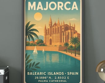 マヨルカ島の旅行ポスター：ヴィンテージスペインのイラスト、パルマ大聖堂