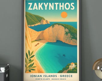 Zakynthos Greece Travel Poster: Vintage Retro Print