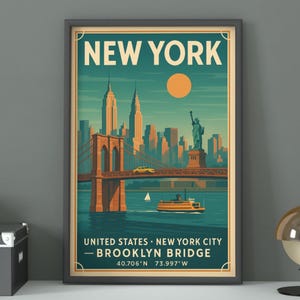May include: Framed vintage travel poster of New York City, featuring the Brooklyn Bridge, the Statue of Liberty, and the city skyline. The poster has a teal background with a yellow sun and text that reads "NEW YORK".