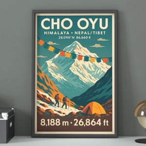 Cho Oyu-berget i Nepal reseaffisch: Vintage destination konsttryck