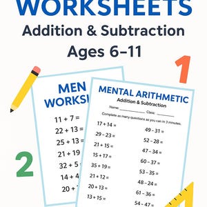 Math Worksheets Printable | Addition & Subtraction Practice for Kids Ages 6–11 | 10 Page Homeschool and Classroom PDF | Instant Download