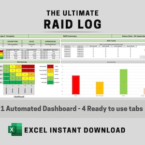 Raid Log Vorlage | Risiko, Annahme, Problem & Abhängigkeit Tracker | Projektmanagement Excel Dashboard