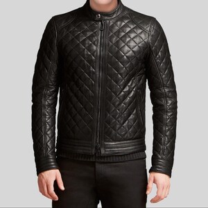 Handmade Men&#39;s Quilted Leather Black Motorcycle Jacket - All Sizes