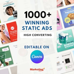 May include: A collection of marketing materials with the text "1000+ WINNING STATIC ADS" and "EDITABLE ON Canva." The ads feature various product images and branding, including skincare, food, and health products. The overall theme is digital marketing.