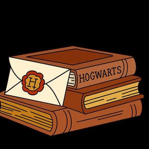 以下が含まれることがあります： 茶色の本が3冊重ねられたイラスト。一番上の本には「HOGWARTS」の文字が書かれています。赤い封印がされた封筒が本の上に置かれています。