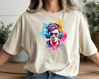 Headphone Art T-Shirt – Vibrant Watercolor Graphic, Unisex Bella+Canvas 3001 – Music Lover Gift for Christmas & Valentine’s