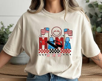 Mama” Bella Canvas 3001 T-Shirt – Retro Smiley Patriotic Graphic, Cozy Unisex Tee – Soft Cotton Gift for Her, Valentine’s & New Year