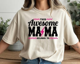 Awesome Mama Shirt – Bella+Canvas 3001 Graphic Tee with Pink Lightning & Retro Checkered – Personalized “Belongs To” Gift for Mom
