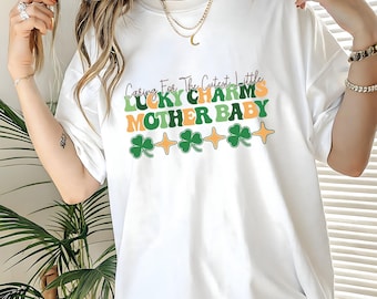 Lucky Charms Mother Baby T Shirt – Retro St Patricks Day Shirt for Women – Bella Canvas Graphic Tee Gift for Mom
