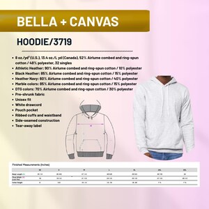May include: A light grey Bella + Canvas hoodie, model 3719, with a white drawcord and pouch pocket. Features include ribbed cuffs, waistband, and side-seamed construction. Made with pre-shrunk fabric and a tear-away label. Unisex fit.
