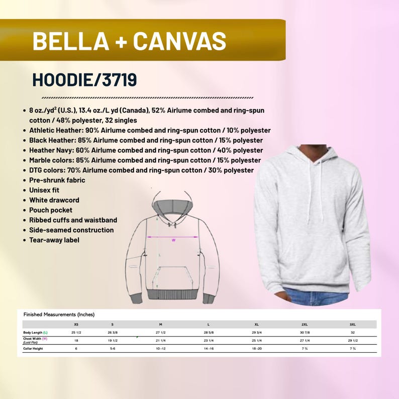 May include: A light grey Bella + Canvas hoodie, model 3719, with a white drawcord and pouch pocket. Features include ribbed cuffs, waistband, and side-seamed construction. Made with pre-shrunk fabric and a tear-away label. Unisex fit.
