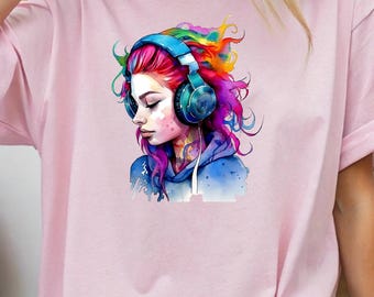 Headphones Art Unisex T-Shirt – Watercolor Streetwear Gift – Bella+Canvas 3001 for Music Lovers, Christmas & Valentine’s Day