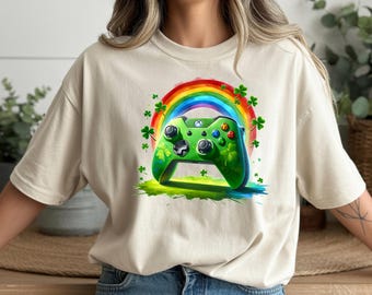 Gaming Controller Rainbow Tee – Lucky Shamrock Graphic T-Shirt – Bella+Canvas 3001 Unisex Gift for Gamers