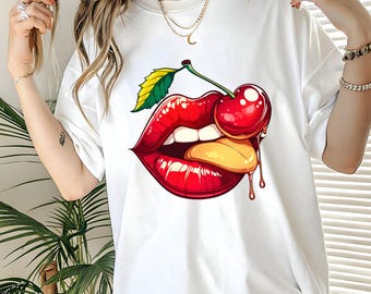 Cherry Lips Graphic Tee – Bella Canvas 3001 Oversized Unisex T-Shirt – Pop Art Gift for Bestie, Valentine’s Day
