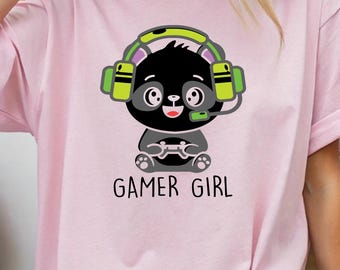 Gamer Girl T-Shirt – Cute Headset Cat Graphic, Bella+Canvas 3001 Unisex Tee for Best Friend & Valentine’s Day