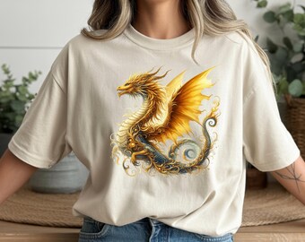 Dragon Graphic T-Shirt – Golden Mythic Dragon Art Tee for Fantasy Lovers – Bella+Canvas 3001 Unisex, Gift for Christmas & Valentine’s