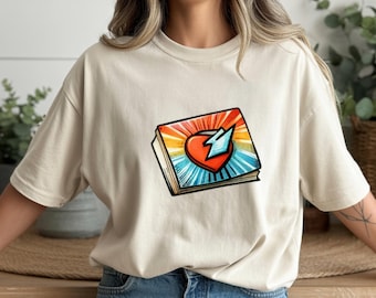 Book Lover Graphic Tee – Retro Heart & Lightning Design for Readers – Bella+Canvas 3001 Unisex T-Shirt, Valentine Gift