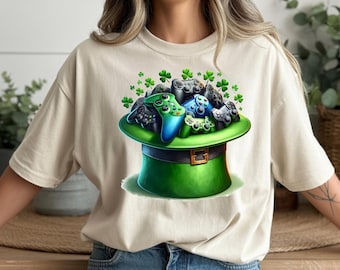 Gaming Controller Graphic Tee – Lucky Shamrock Leprechaun Hat – Bella+Canvas 3001 Unisex T-Shirt Gift for Gamers