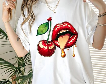 Cherry Lips Graphic Tee – Bold Y2K Streetwear Vibe – Bella+Canvas 3001 Unisex T-Shirt, Valentine’s Gift