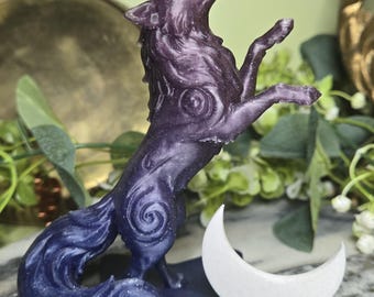 Wolf Jumping Over the Moon Statue | 3D Printed Celestial Wolf Figurine | Galaxy Purple Spiral Wolf | Crescent Moon Altar Decor