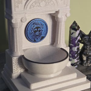 Handmade white altar bowl holder with sparkle blue accent detail, miniature temple or shrine design, witchcraft and pagan altar decor, poseidon, black and purple, blue mini altar