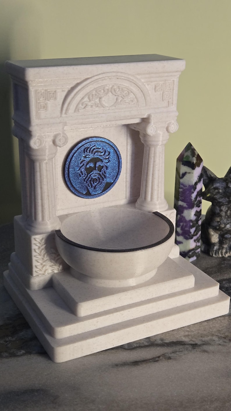 Handmade white altar bowl holder with sparkle blue accent detail, miniature temple or shrine design, witchcraft and pagan altar decor, poseidon, black and purple, blue mini altar