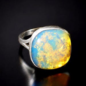 Eleganter Ring aus klarem, orange-blauem dominikanischem Bernstein, 925er Sterlingsilber, Größe 7,5, kostenlose Größenänderung