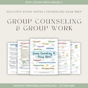 May include: A collection of printable study notes for counseling exam preparation. The image features several pages with handwritten notes, diagrams, and the title "Group Counseling & Group Work." The text includes key figures and group types.