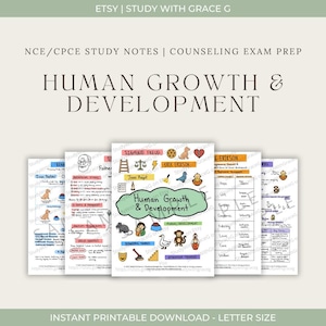 Pode incluir: Um conjunto de notas de estudo imprimíveis para a preparação para o exame de aconselhamento. As notas cobrem tópicos como Crescimento e Desenvolvimento Humano, Sigmund Freud, Erik Erikson e Jean Piaget. As notas são ilustradas com ícones e texto.