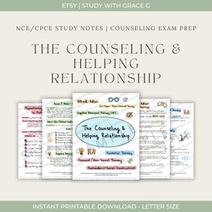 Puede incluir: Notas de estudio imprimibles para la preparación del examen de asesoramiento. La imagen presenta varias páginas con notas manuscritas sobre temas como la terapia cognitivo-conductual y la terapia existencial. El título "The Counseling & Helping Relationship" es visible.