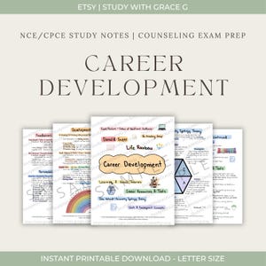 Może przedstawiać: Drukowane notatki do nauki o rozwoju kariery, z tytułem "Career Development". Notatki obejmują tematy takie jak podstawy, osobowość i teorie uczenia się. Obraz zawiera tekst "Instant Printable Download - Letter Size".