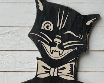 Gato retrô de Halloween, decoração de Halloween em grande escala, estilo vintage, decoração de parede de madeira com gato de Halloween.
