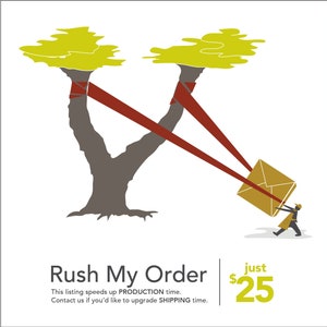 Peut inclure: Illustration d'un colis lancé par une fronde faite de deux arbres et de sangles rouges. Le texte "Rush My Order" et "25 €" est sous l'image.