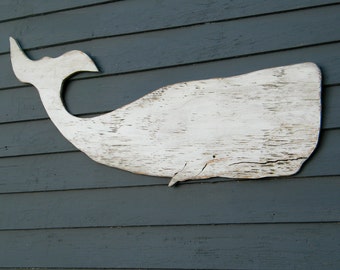 Whale White Moby Dick Supersized Whale Wood Folk Art Sign Nautical Decor Wooden Whale Cutout Outdoor Wall Art