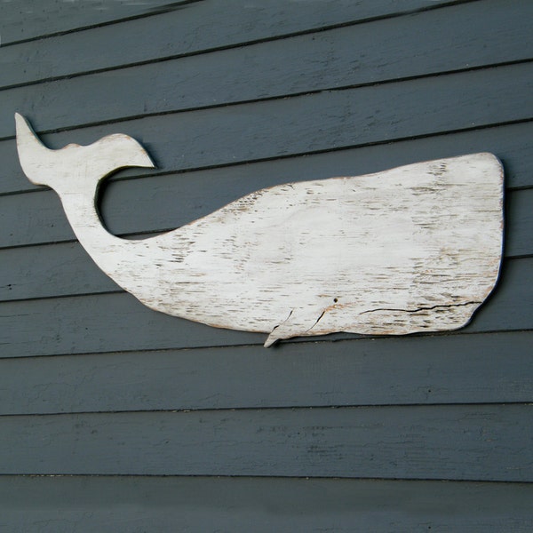 Balena bianca Moby Dick, cartello di arte popolare in legno di grandi dimensioni, decorazione nautica, sagoma di balena in legno, arte murale per esterni