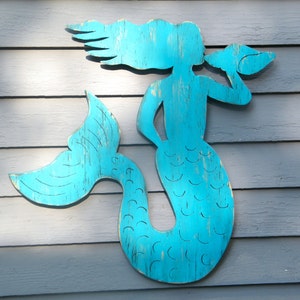 Mermaid Decor Wooden Coastal Decor Sitting Mermaid Wall Art for Her Conch Shell Beach House Decor Coastal Living Decor Outdoor Decor image 2