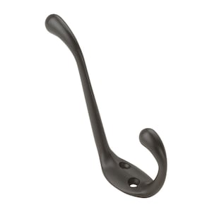 May include: A black metal hook with a curved design. The hook has two small holes near the base.