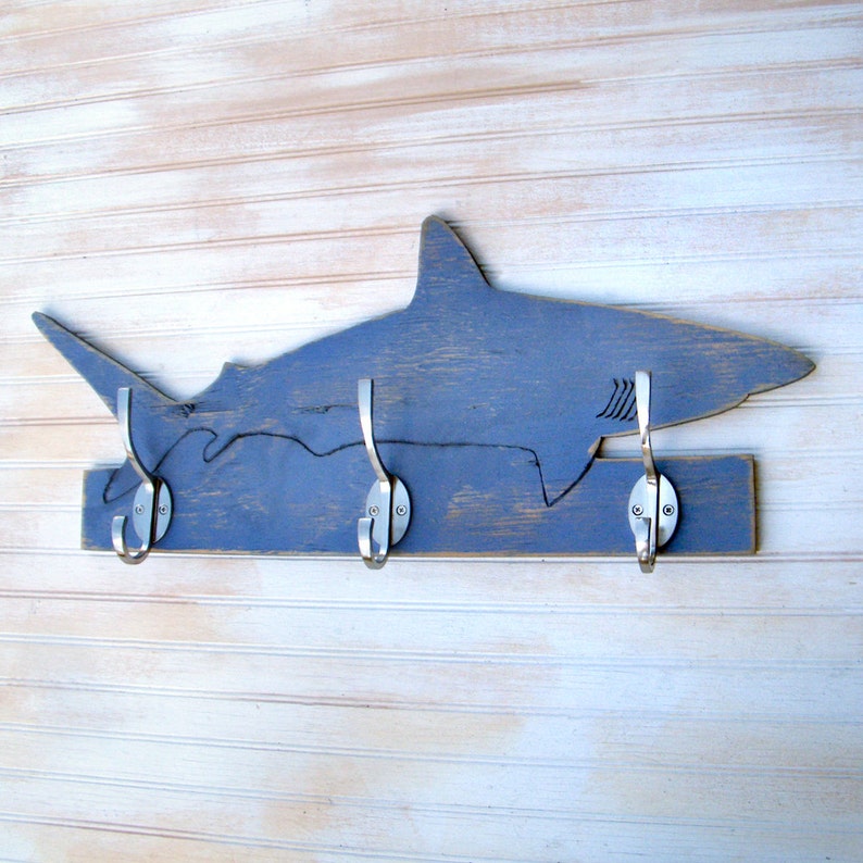 Shark Towel Hook Bathroom Towel Hook Beach Towel Hook Shark Robe Hook Wooden Mako Shark Lake House Hook Mako Coat Hook Boys Room Shark Decor image 3
